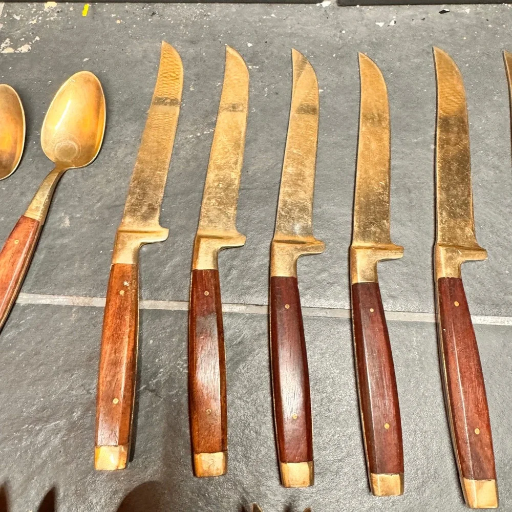 Vintage MCM Luxury Gold Tone Cutlery Rosewood Handles Serving Utensils 29pc‎ Set